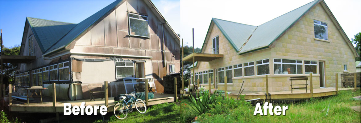 House before reconstituted stone cladding